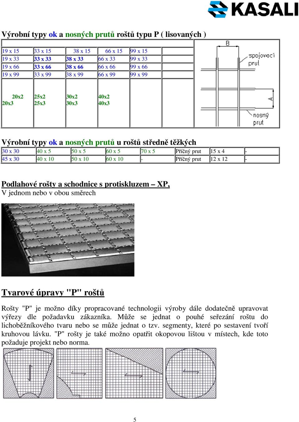 x 10 - Příčný prut 12 x 12 - Podlahové rošty a schodnice s protiskluzem XP, V jednom nebo v obou směrech Tvarové úpravy "P" roštů Rošty "P" je možno díky propracované technologii výroby dále