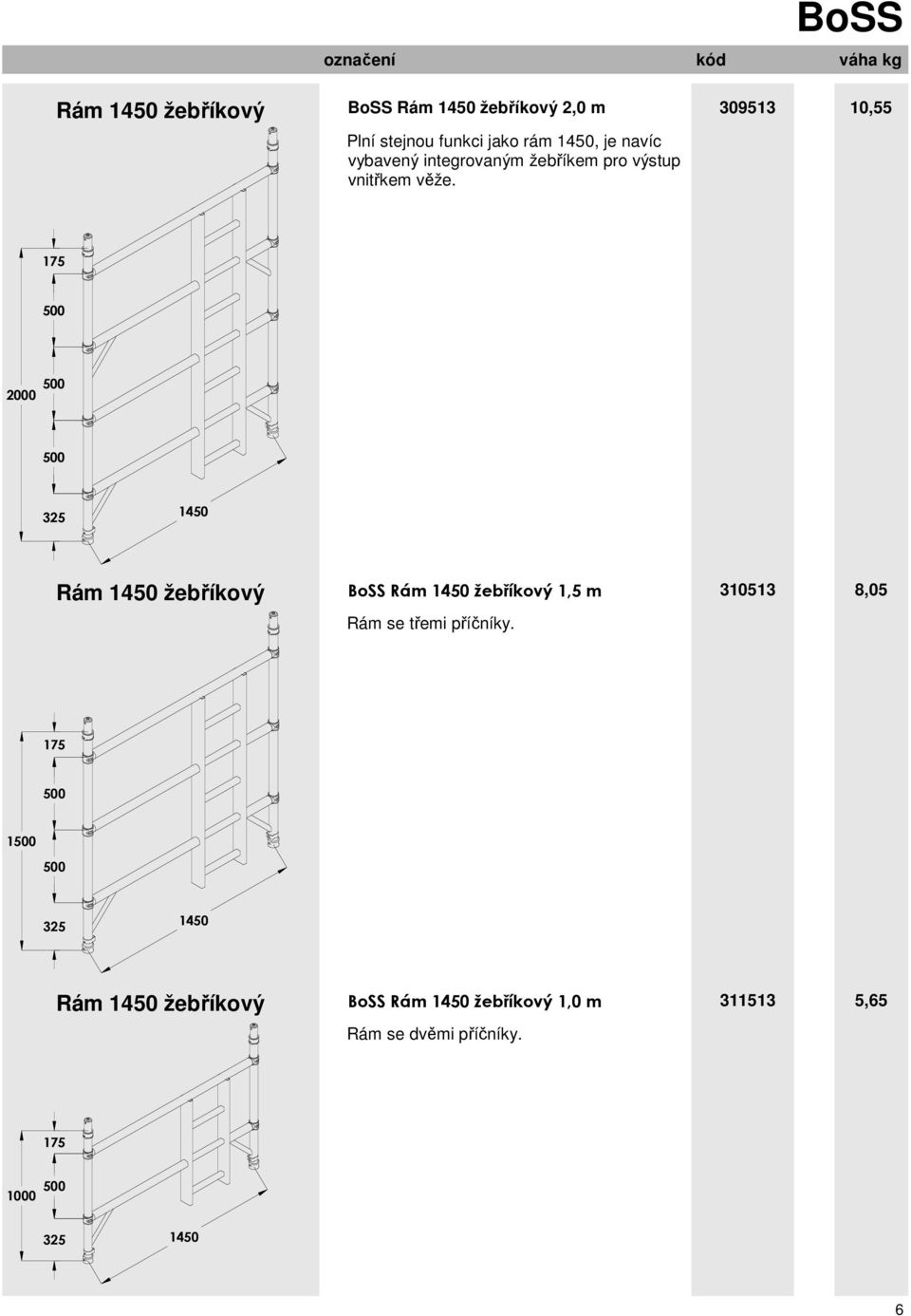 175 2000 325 1450 Rám 1450 žebříkový BoSS Rám 1450 žebříkový 1,5 m 310513 8,05 Rám se třemi příčníky.