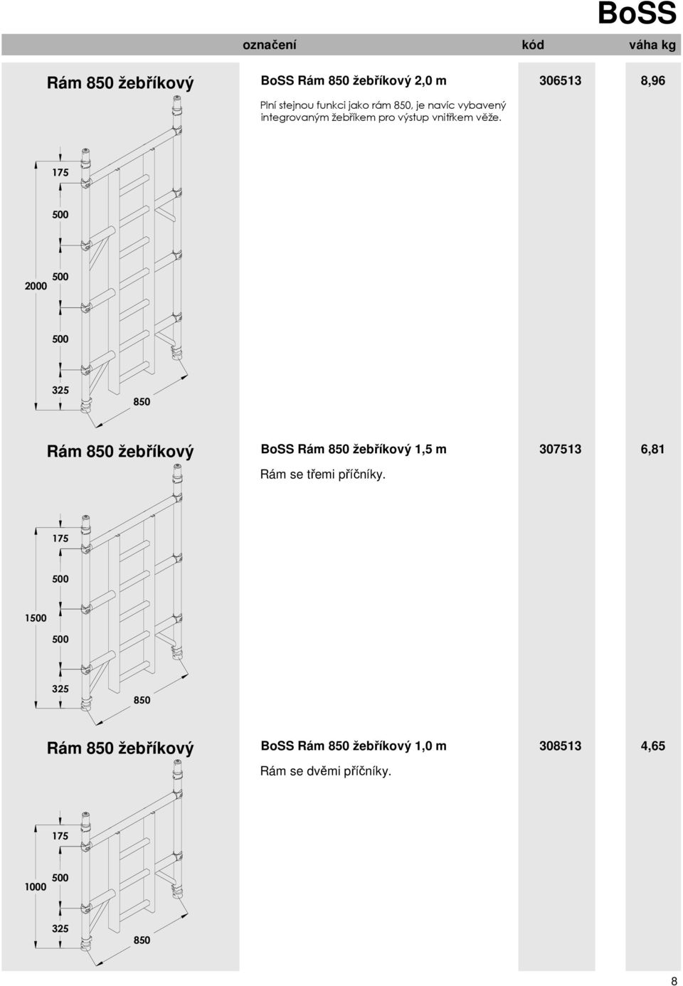 175 2000 325 850 Rám 850 žebříkový BoSS Rám 850 žebříkový 1,5 m 307513 6,81 Rám se třemi příčníky.