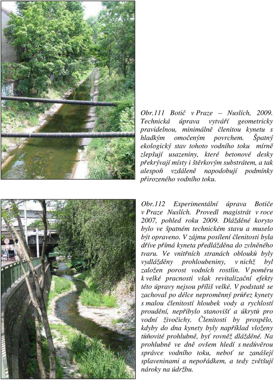 Obr.112 Experimentální úprava Botiče v Praze Nuslích. Provedl magistrát v roce 2007, pohled roku 2009. Dlážděné koryto bylo ve špatném technickém stavu a muselo být opraveno.