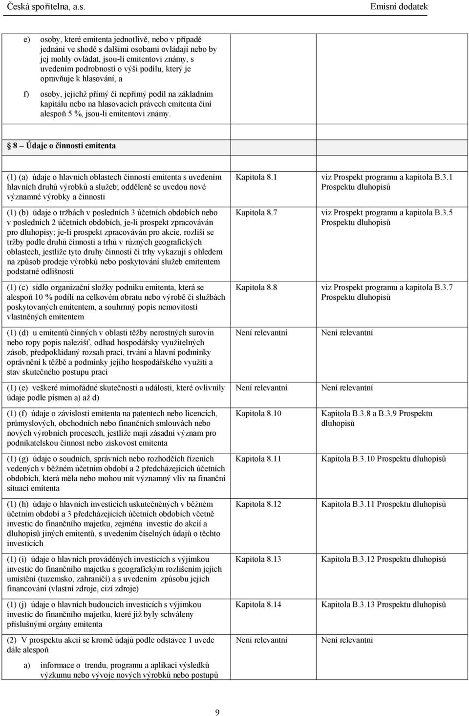 8 Údaje o činnosti emitenta (1) (a) údaje o hlavních oblastech činnosti emitenta s uvedením hlavních druhů výrobků a služeb; odděleně se uvedou nové významné výrobky a činnosti (1) (b) údaje o