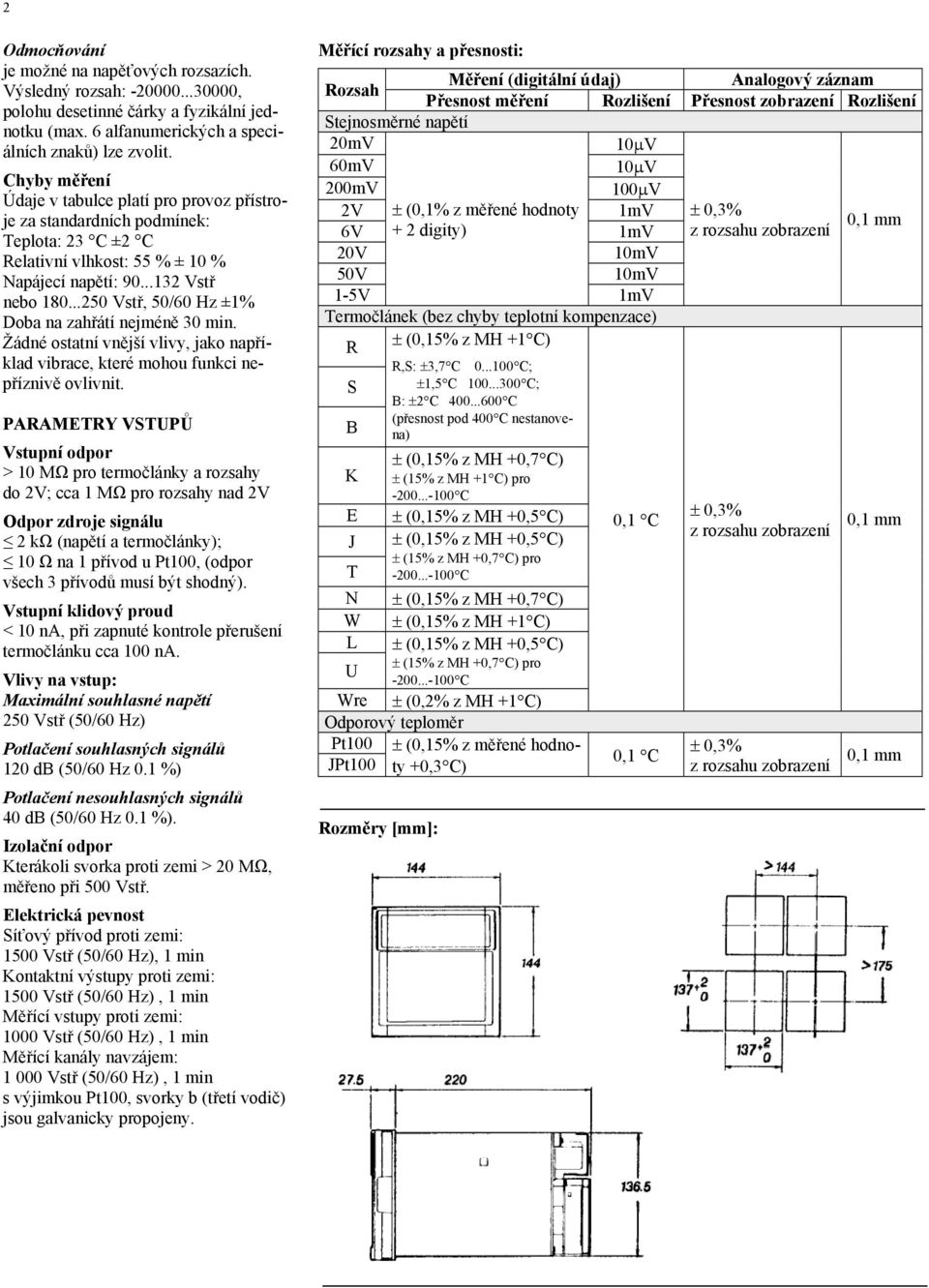 ..250 Vstř, 50/60 Hz ±1% Doba na zahřátí nejméně 30 min. Žádné ostatní vnější vlivy, jako například vibrace, které mohou funkci nepříznivě ovlivnit.