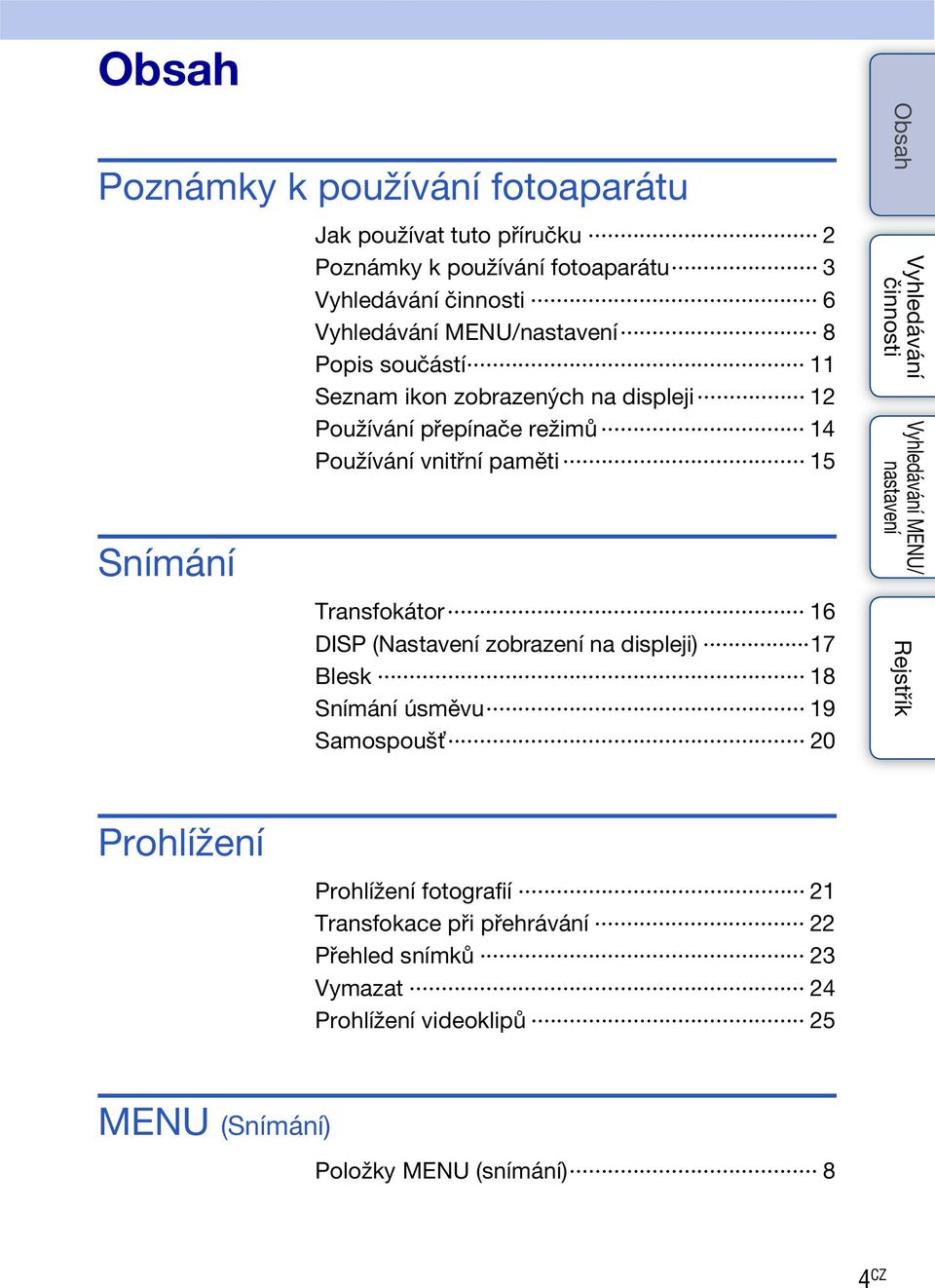 DISP (Nastavení zobrazení na displeji) 17 Blesk 18 Snímání úsměvu 19 Samospoušť 20 MENU/ Prohlížení Prohlížení fotografií 21