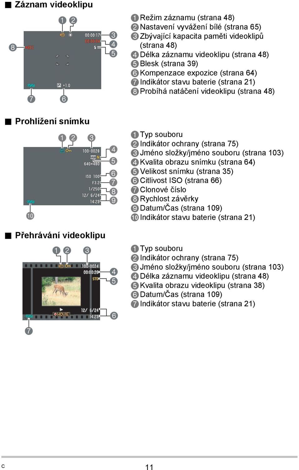 5Blesk (strana 39) 6Kompenzace expozice (strana 64) 7Indikátor stavu baterie (strana 21) 8Probíhá natáčení videoklipu (strana 48) 1Typ souboru 2Indikátor ochrany (strana 75) 3Jméno složky/jméno