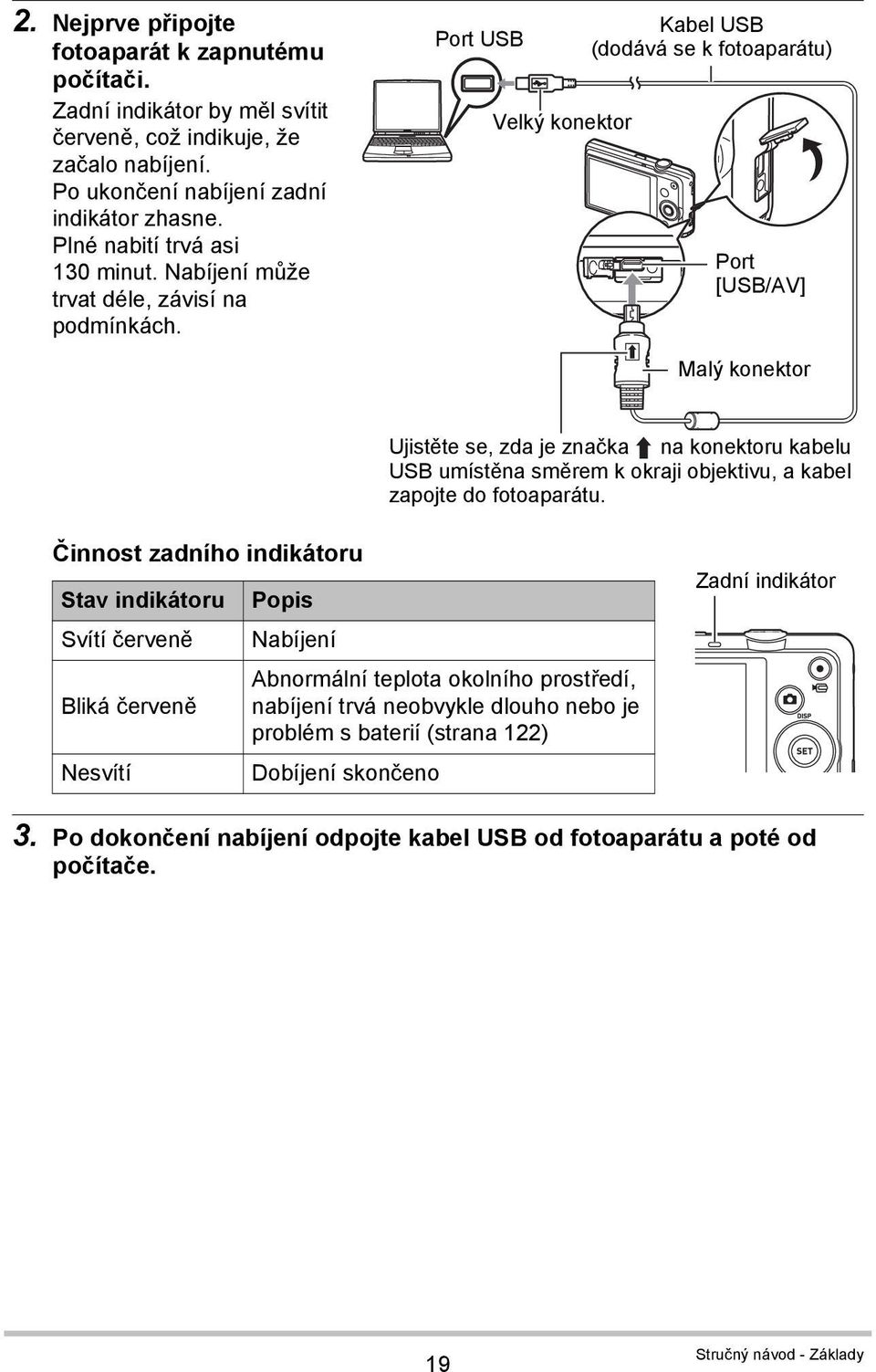 Port USB Velký konektor Kabel USB (dodává se k fotoaparátu) Port [USB/AV] Malý konektor Ujistěte se, zda je značka na konektoru kabelu USB umístěna směrem k okraji objektivu, a kabel zapojte do