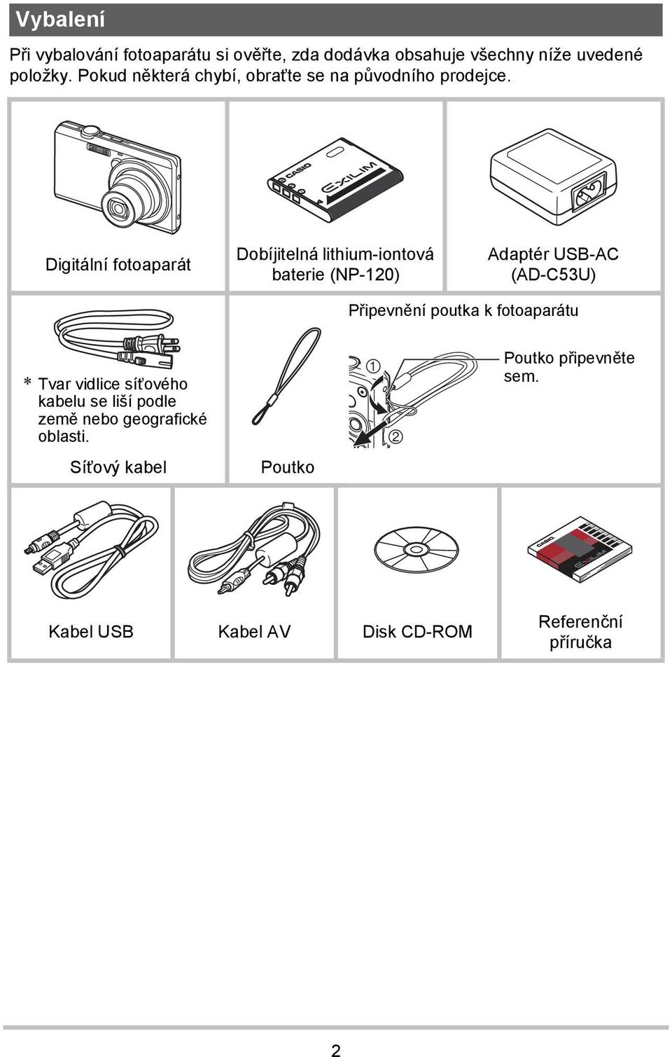 Digitální fotoaparát Dobíjitelná lithium-iontová baterie (NP-120) Adaptér USB-AC (AD-C53U) Připevnění poutka k