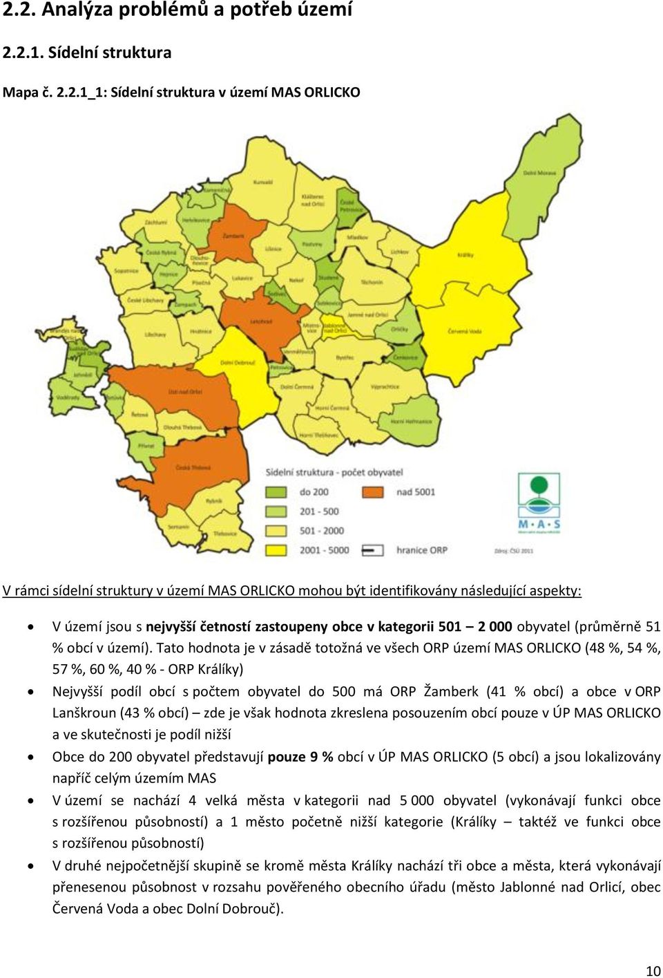 Tato hodnota je v zásadě totožná ve všech ORP území MAS ORLICKO (48 %, 54 %, 57 %, 60 %, 40 % - ORP Králíky) Nejvyšší podíl obcí s počtem obyvatel do 500 má ORP Žamberk (41 % obcí) a obce v ORP