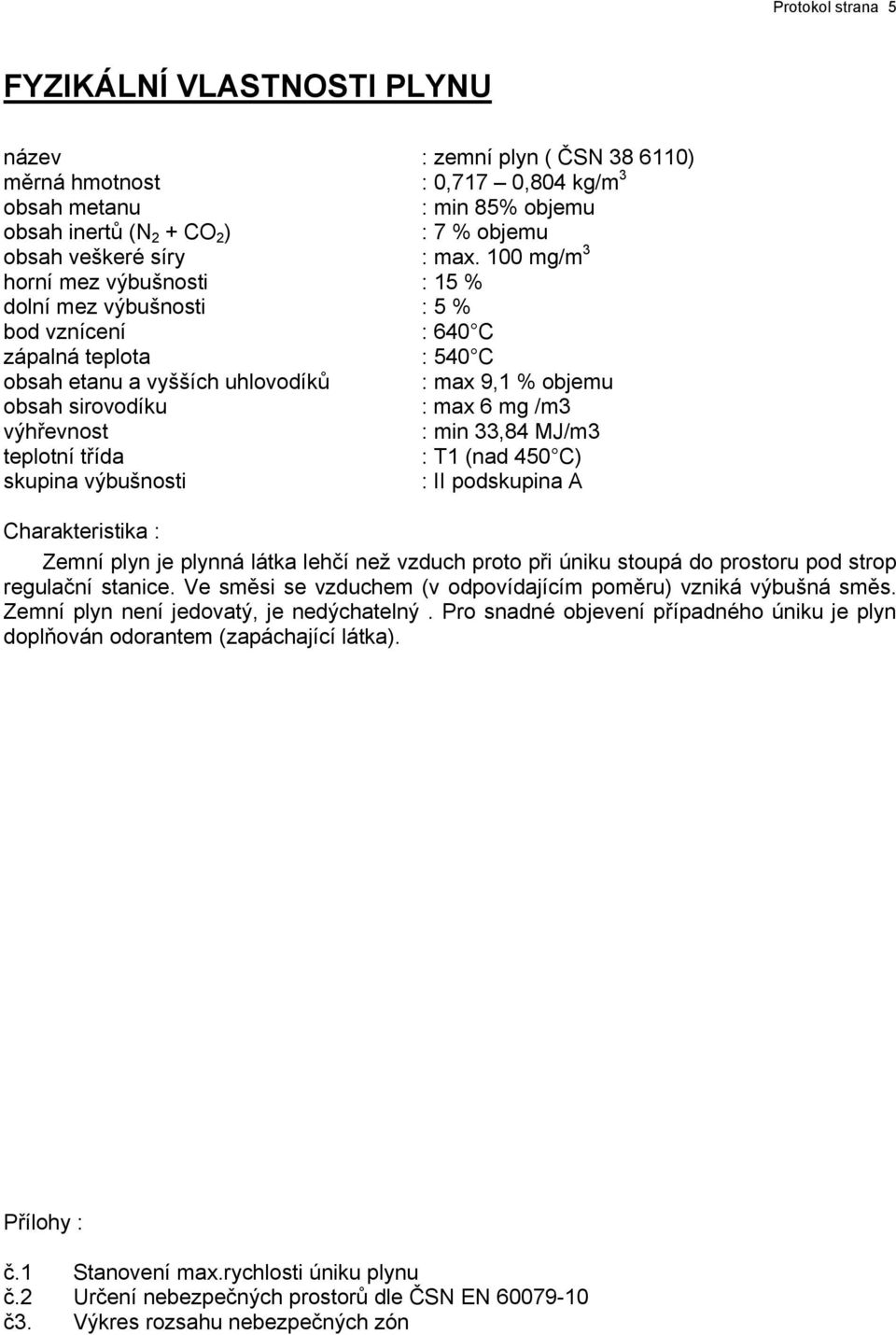 100 mg/m 3 horní mez výbušnosti : 15 % dolní mez výbušnosti : 5 % bod vznícení : 640 C zápalná teplota : 540 C obsah etanu a vyšších uhlovodíků : max 9,1 % objemu obsah sirovodíku : max 6 mg /m3