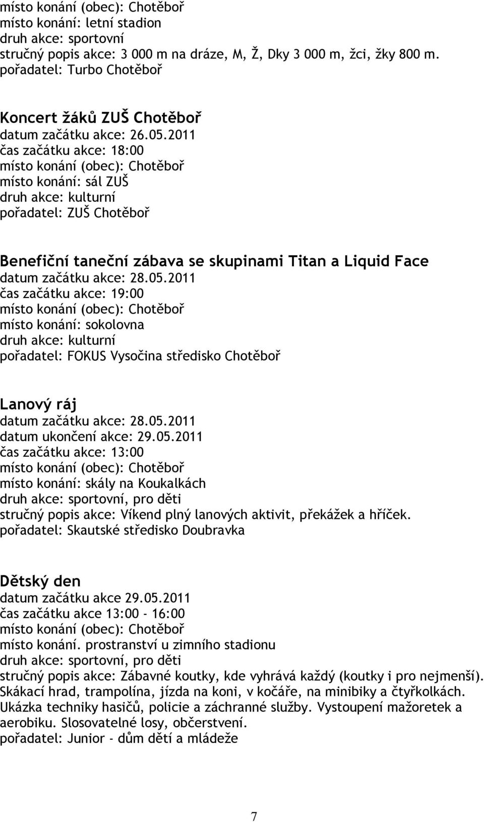 2011 čas začátku akce: 19:00 místo konání: sokolovna pořadatel: FOKUS Vysočina středisko Chotěboř Lanový ráj datum začátku akce: 28.05.