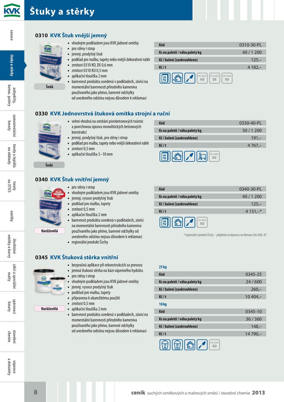 odstínu nejsou důvodem k rekamaci 0310-30-PL Ks na paetě / váha paety 40 / 1 200 Kč / baení (zaokrouheno) 1, Kč / t 4 182, 30 samoniveační tmey a epida na obkady 0330 KVK Jednovrstvá štuková omítka