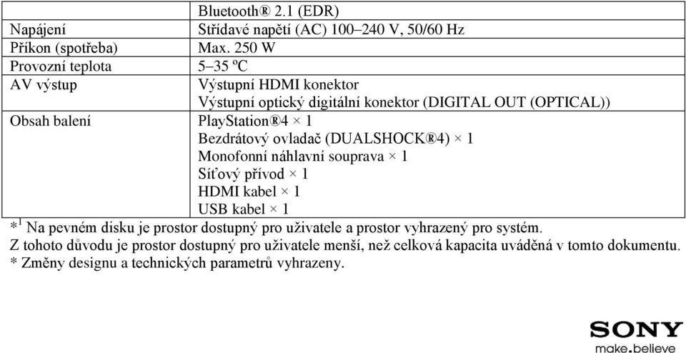 4 1 Bezdrátový ovladač (DUALSHOCK 4) 1 Monofonní náhlavní souprava 1 Síťový přívod 1 HDMI kabel 1 USB kabel 1 * 1 Na pevném disku je prostor