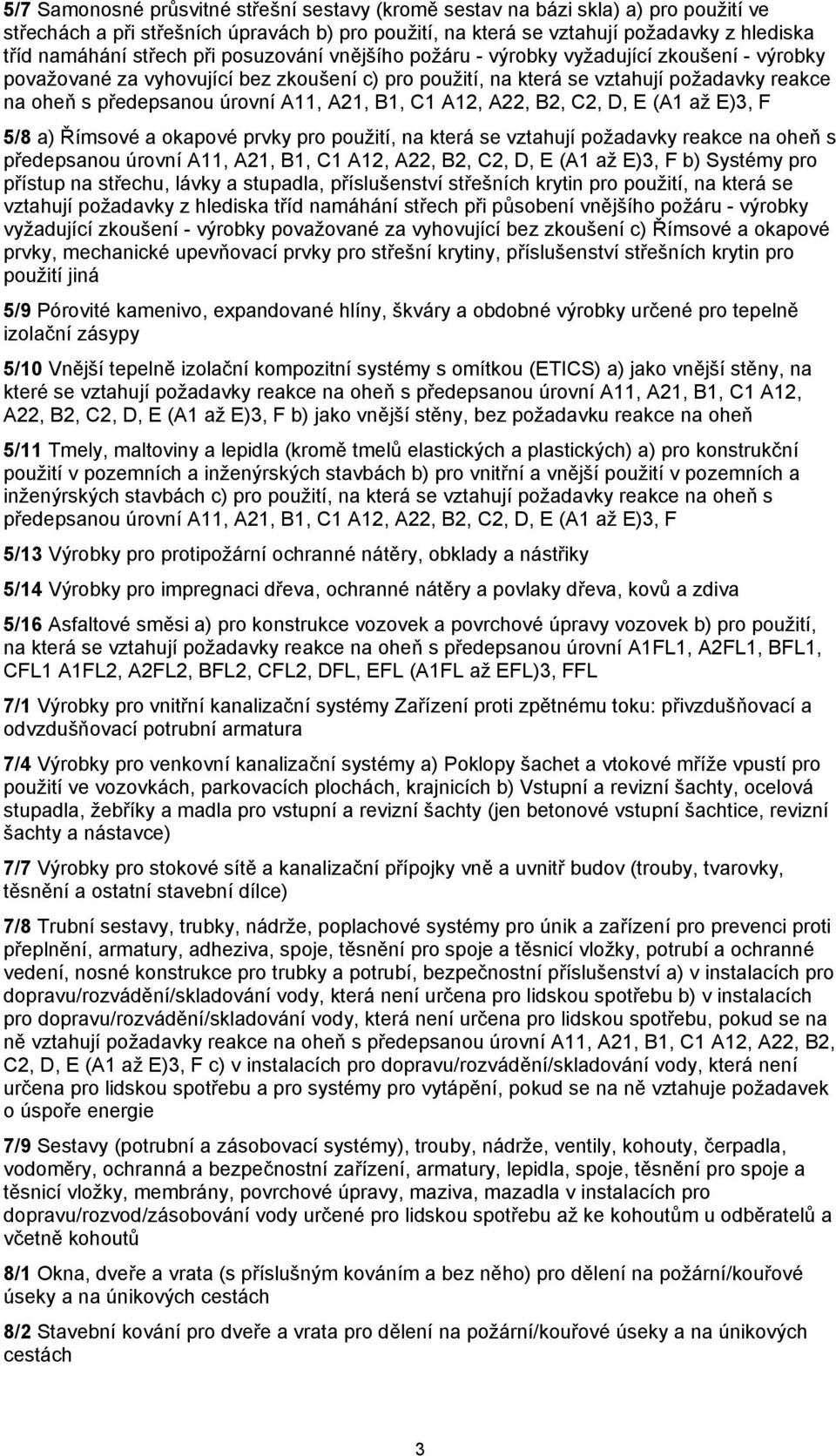 A21, B1, C1 A12, A22, B2, C2, D, E (A1 až E)3, F 5/8 a) Římsové a okapové prvky pro použití, na která se vztahují požadavky reakce na oheň s předepsanou úrovní A11, A21, B1, C1 A12, A22, B2, C2, D, E