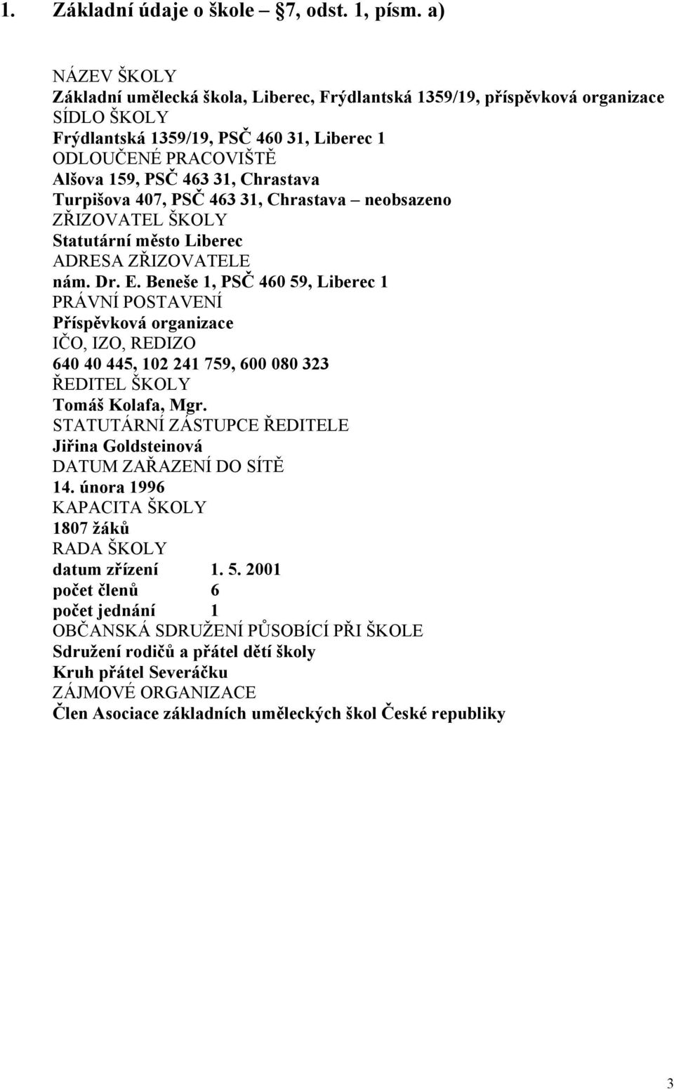 Chrastava Turpišova 407, PSČ 463 31, Chrastava neobsazeno ZŘIZOVATEL ŠKOLY Statutární město Liberec ADRESA ZŘIZOVATELE nám. Dr. E.