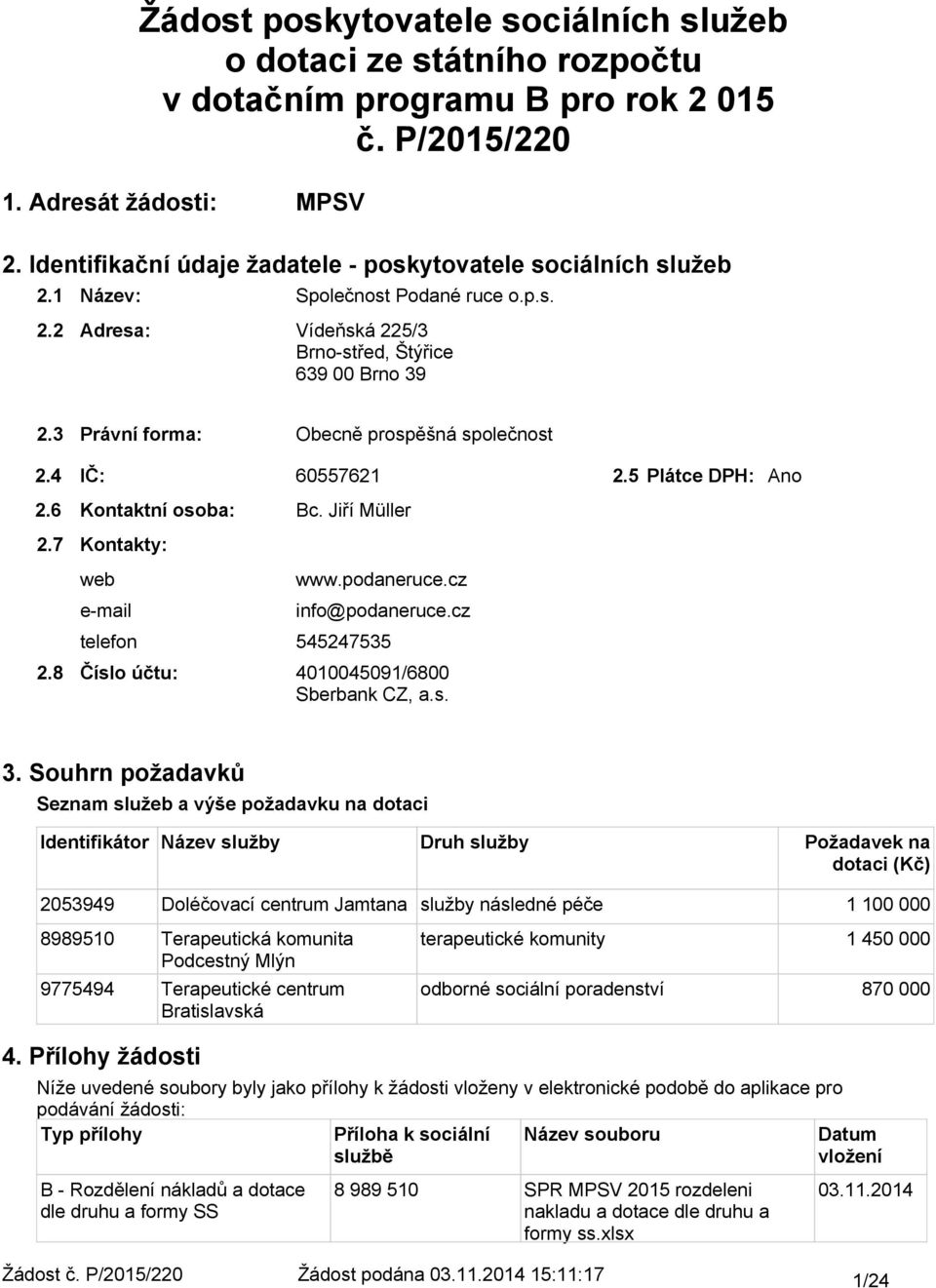 3 Právní forma: Obecně prospěšná společnost 2.4 IČ: 6557621 2.5 Plátce DPH: Ano 2.6 Kontaktní osoba: Bc. Jiří Müller 2.7 Kontakty: web e-mail www.podaneruce.cz info@podaneruce.cz telefon 545247535 2.