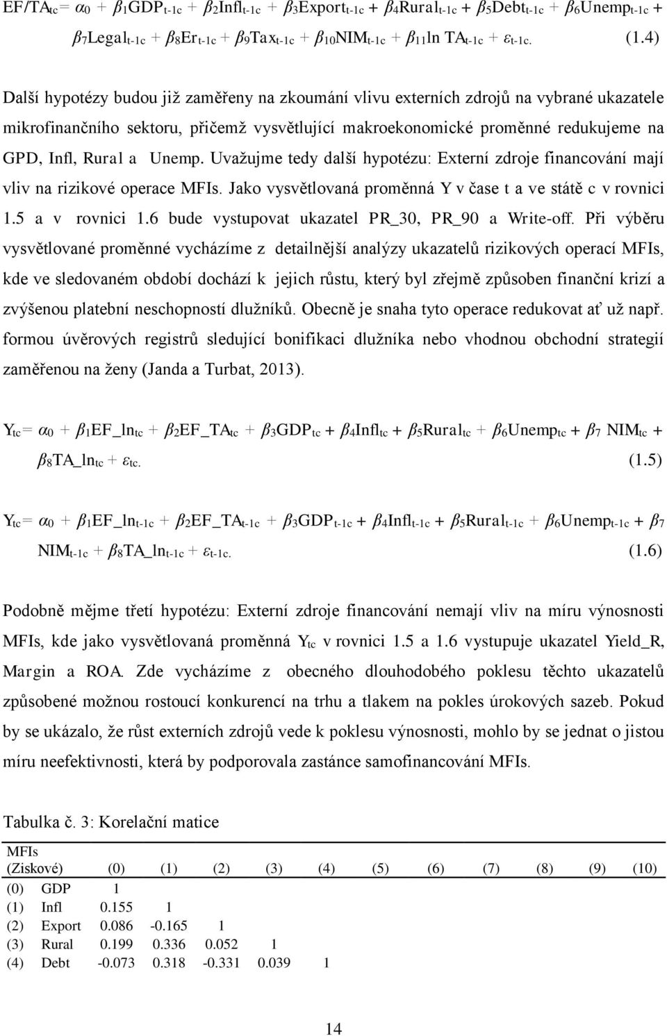 Unemp. Uvažujme tedy další hypotézu: Externí zdroje financování mají vliv na rizikové operace MFIs. Jako vysvětlovaná proměnná Y v čase t a ve státě c v rovnici 1.5 a v rovnici 1.