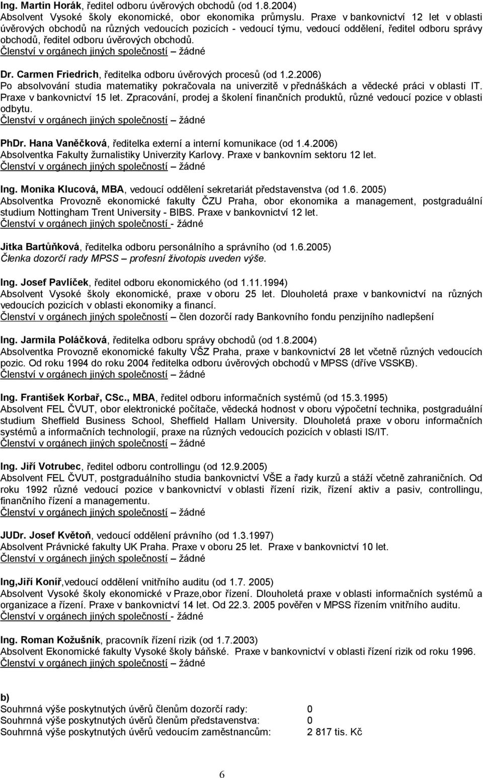 Carmen Friedrich, ředitelka odboru úvěrových procesů (od 1.2.2006) Po absolvování studia matematiky pokračovala na univerzitě v přednáškách a vědecké práci v oblasti IT. Praxe v bankovnictví 15 let.