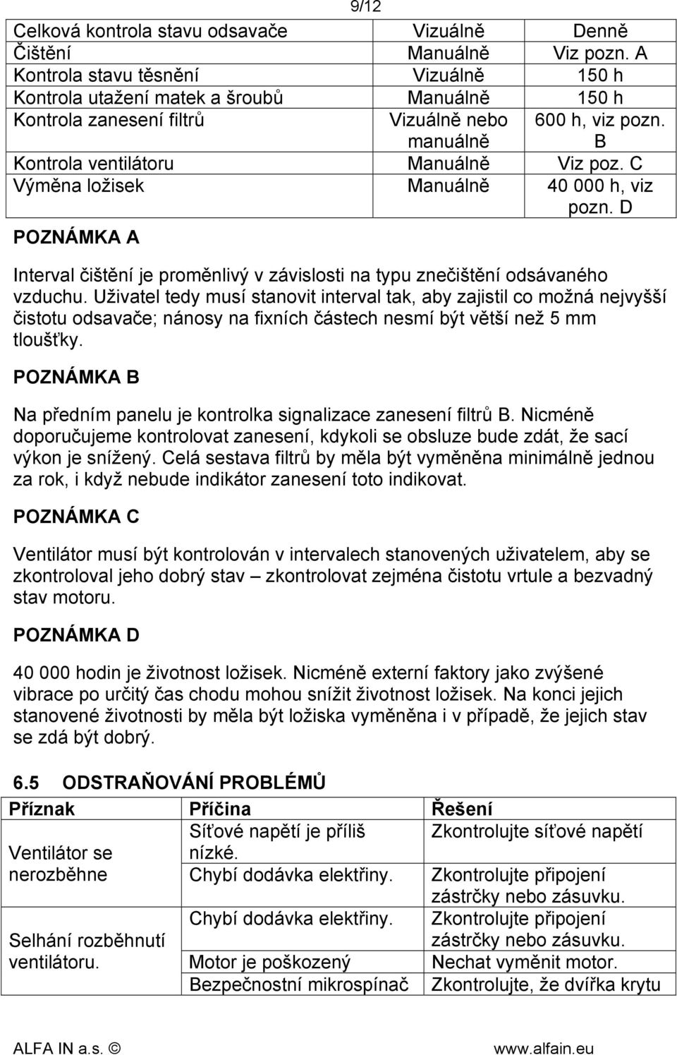 C Výměna ložisek Manuálně 40 000 h, viz pozn. D POZNÁMKA A Interval čištění je proměnlivý v závislosti na typu znečištění odsávaného vzduchu.