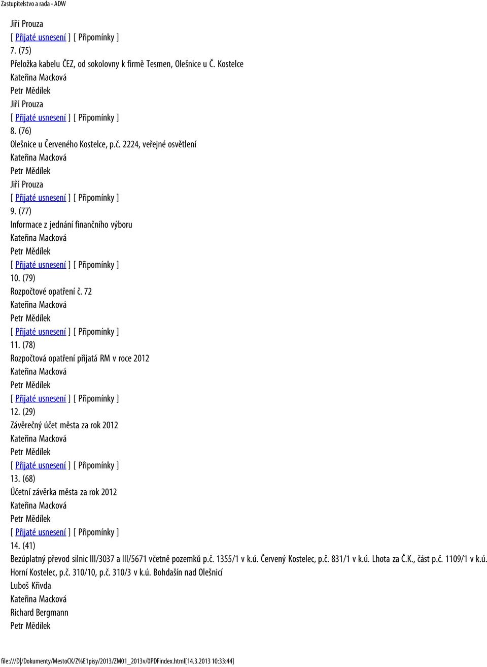 (29) Závěrečný účet města za rok 2012 13. (68) Účetní závěrka města za rok 2012 14. (41) Bezúplatný převod silnic III/3037 a III/5671 včetně pozemků p.č. 1355/1 v k.ú. Červený Kostelec, p.č. 831/1 v k.