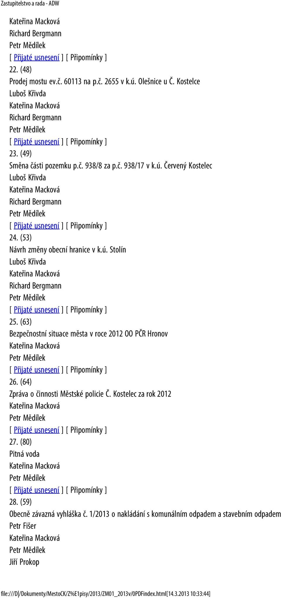 (63) Bezpečnostní situace města v roce 2012 OO PČR Hronov 26. (64) Zpráva o činnosti Městské policie Č. Kostelec za rok 2012 27. (80) Pitná voda 28.