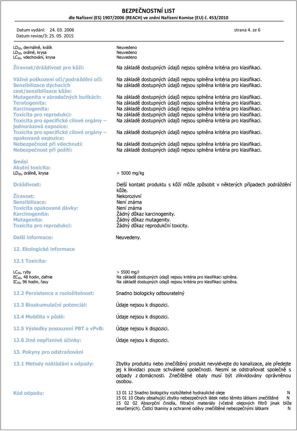 Mutagenita v zárodečných buňkách: Teratogenita: Karcinogenita: Toxicita pro reprodukci: Toxicita pro specifické cílové orgány jednorázová expozice: Toxicita pro specifické cílové orgány opakovaná