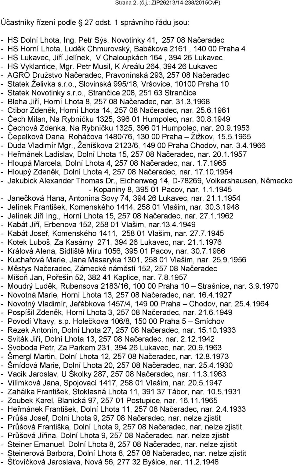 Petr Musil, K Areálu 264, 394 26 Lukavec - AGRO Druţstvo Načeradec, Pravonínská 293, 257 08 Načeradec - Statek Ţelivka s.r.o., Slovinská 995/18, Vršovice, 10100 Praha 10 - Statek Novotinky s.r.o., Strančice 208, 251 63 Strančice - Bleha Jiří, Horní Lhota 8, 257 08 Načeradec, nar.