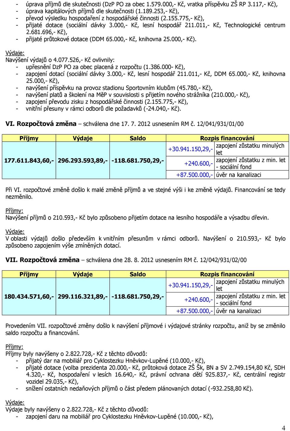 696,- Kč), - přijaté průtokové dotace (DDM 65.000,- Kč, knihovna 25.000,- Kč). Navýšení výdajů o 4.077.526,- Kč ovlivnily: - upřesnění DzP PO za obec placená z rozpočtu (1.386.