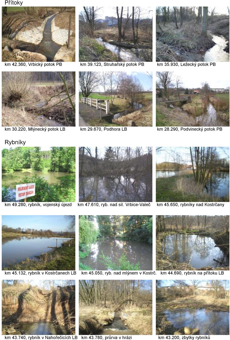 280, rybník, vojenský újezd km 47.610, ryb. nad sil. Vrbice-Valeč km 45.650, rybníky nad Kostrčany km 45.