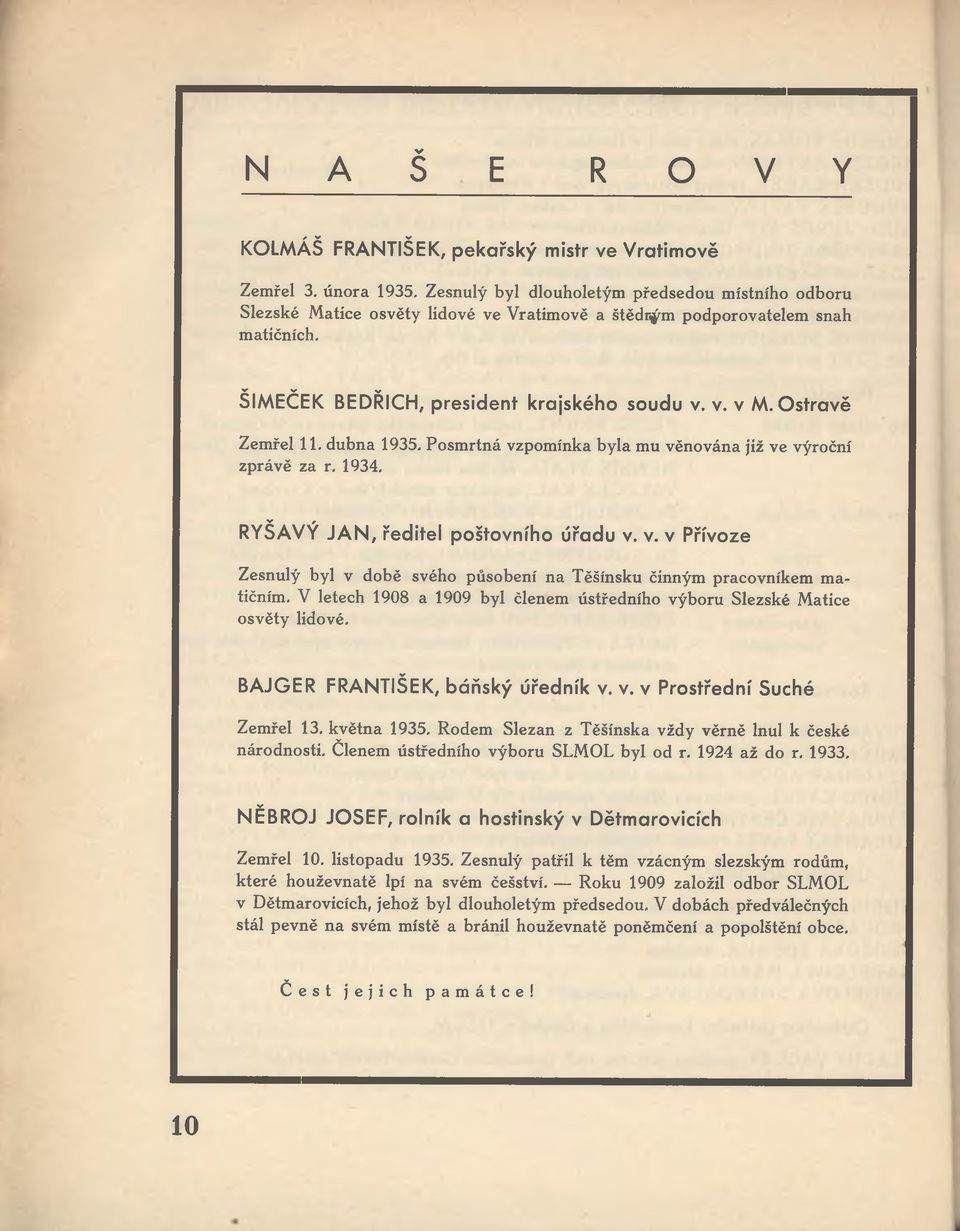 O stravě Zemřel 11. dubna 1935. Posmrtná vzpomínka byla mu věnována již ve výroční zprávě za r. 1934. RYŠAVÝ J A N, ředitel poštovního úřadu v. v. v Přívoze Zesnulý byl v době svého působení na Těšínsku činným pracovníkem matičním.