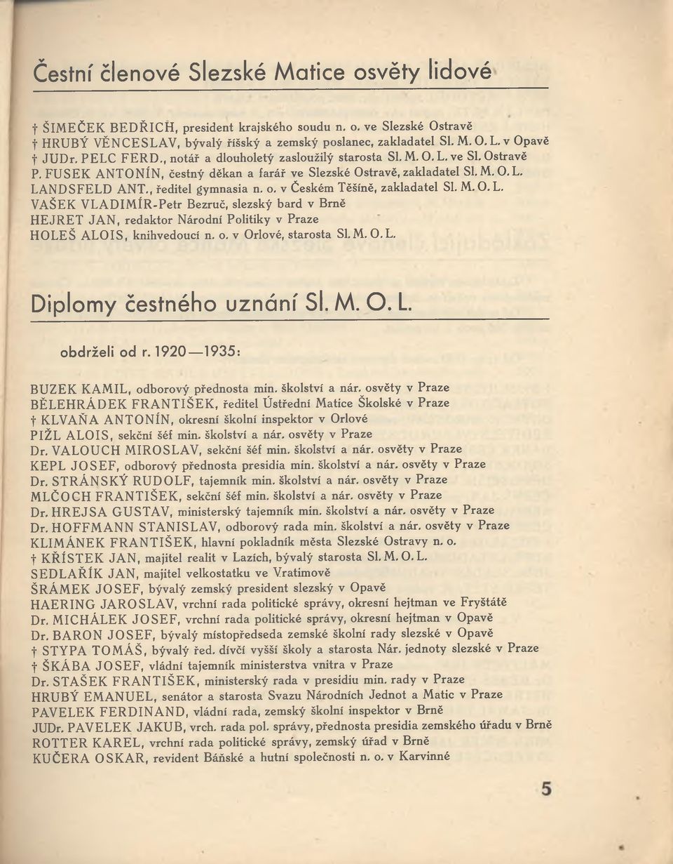 , ředitel gymnasia n. o. v Českém Těšíně, zakladatel Sl. M. O. L. VAŠEK VLADIM ÍR-Petr Bezruč, slezský bard v Brně HEJRET JAN, redaktor Národní Politiky v Praze HOLEŠ A L O IS, knihvedoucí n. o. v Orlové, starosta Sl.