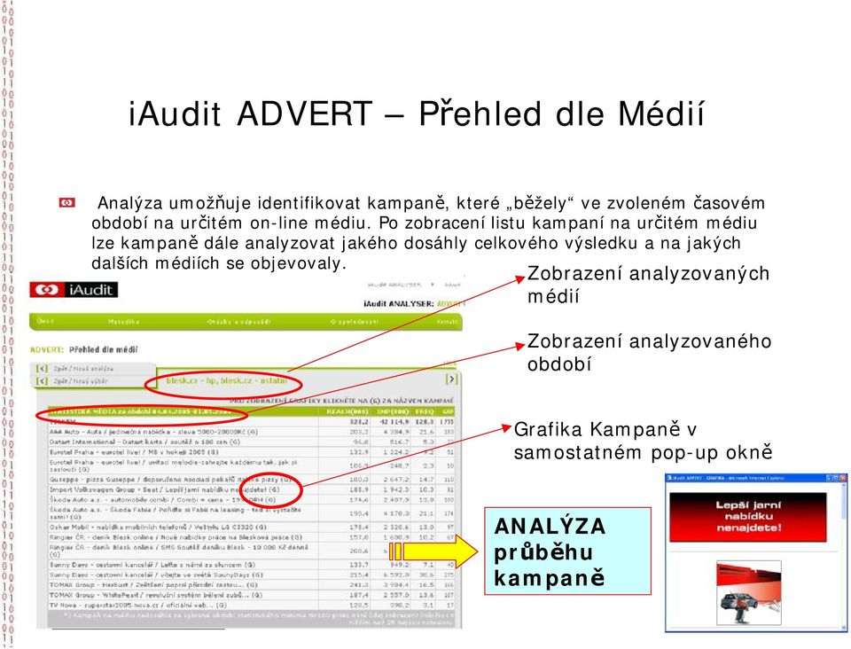 Po zobracení listu kampaní na určitém médiu lze kampaně dále analyzovat jakého dosáhly celkového