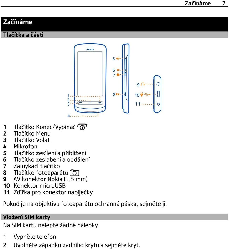 (3,5 mm) 10 Konektor microusb 11 Zdířka pro konektor nabíječky Pokud je na objektivu fotoaparátu ochranná páska,