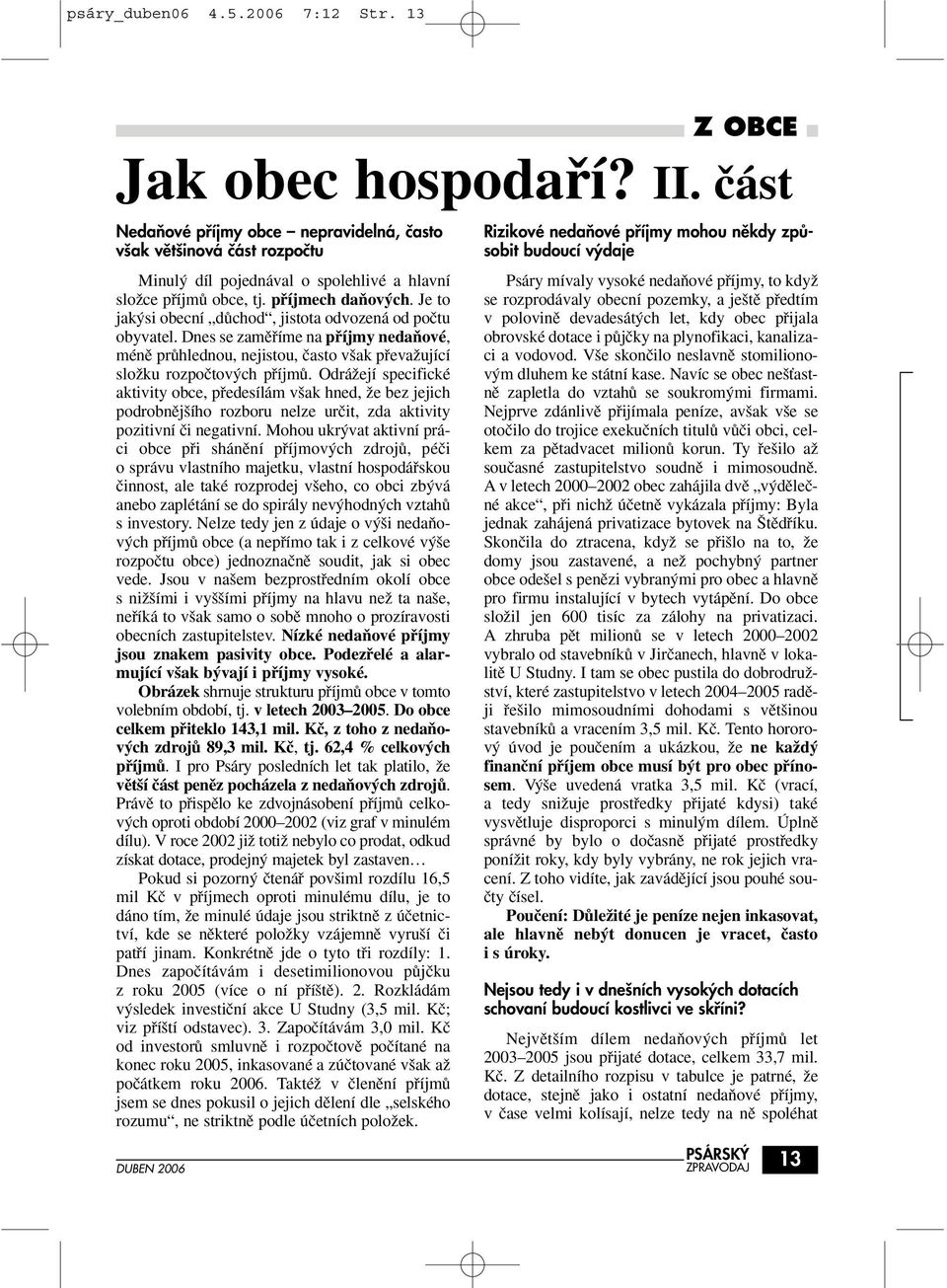 Je to jak si obecní dûchod, jistota odvozená od poãtu obyvatel. Dnes se zamûfiíme na pfiíjmy nedaàové, ménû prûhlednou, nejistou, ãasto v ak pfievaïující sloïku rozpoãtov ch pfiíjmû.