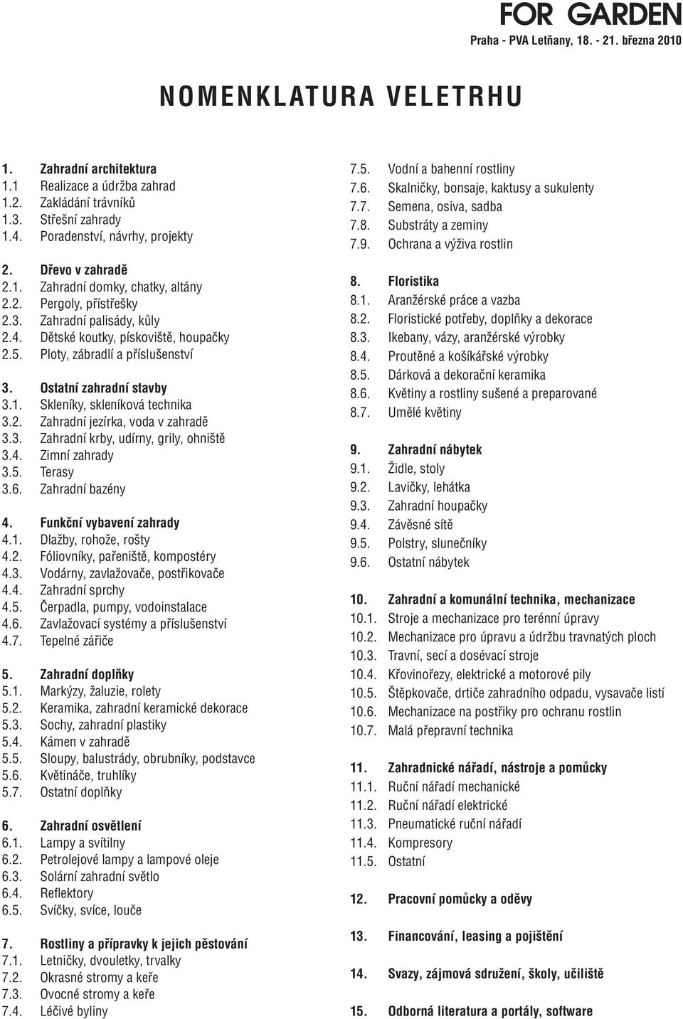 3. Zahradní krby, udírny, grily, ohniště 3.4. Zimní zahrady 3.5. Terasy 3.6. Zahradní bazény 4. Funkční vybavení zahrady 4.1. Dlažby, rohože, rošty 4.2. Fóliovníky, pařeniště, kompostéry 4.3. Vodárny, zavlažovače, postřikovače 4.