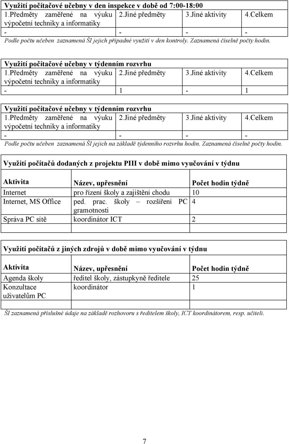 Jiné předměty 3.Jiné aktivity 4.Celkem - 1-1 Využití počítačové učebny v týdenním rozvrhu 1.Předměty zaměřené na výuku 2.Jiné předměty 3.Jiné aktivity 4.Celkem - - - - Podle počtu učeben zaznamená ŠI jejich na základě týdenního rozvrhu hodin.