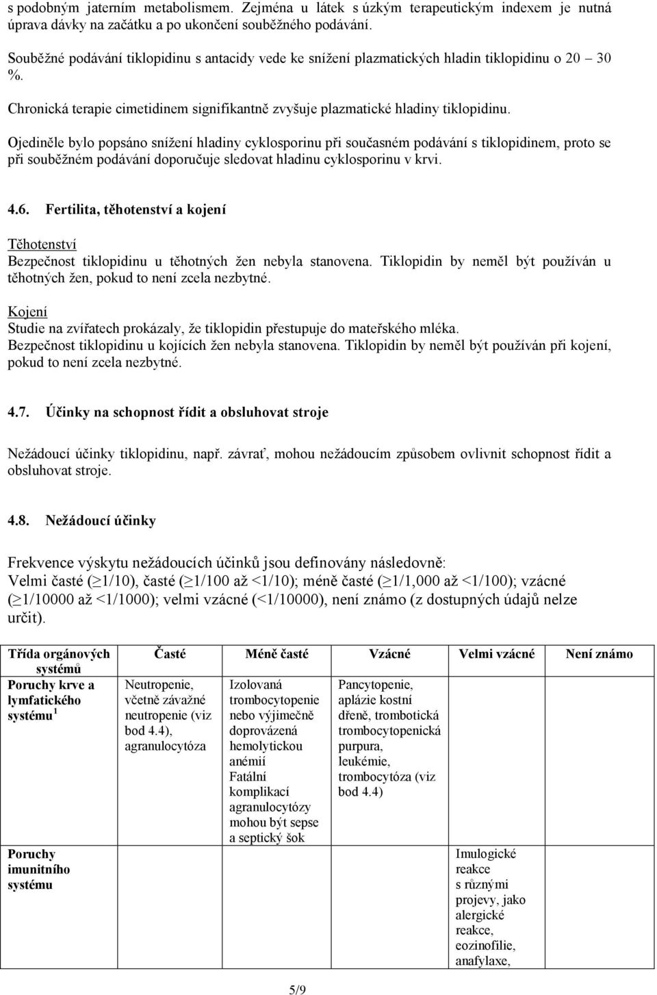 Ojediněle bylo popsáno snížení hladiny cyklosporinu při současném podávání s tiklopidinem, proto se při souběžném podávání doporučuje sledovat hladinu cyklosporinu v krvi. 4.6.