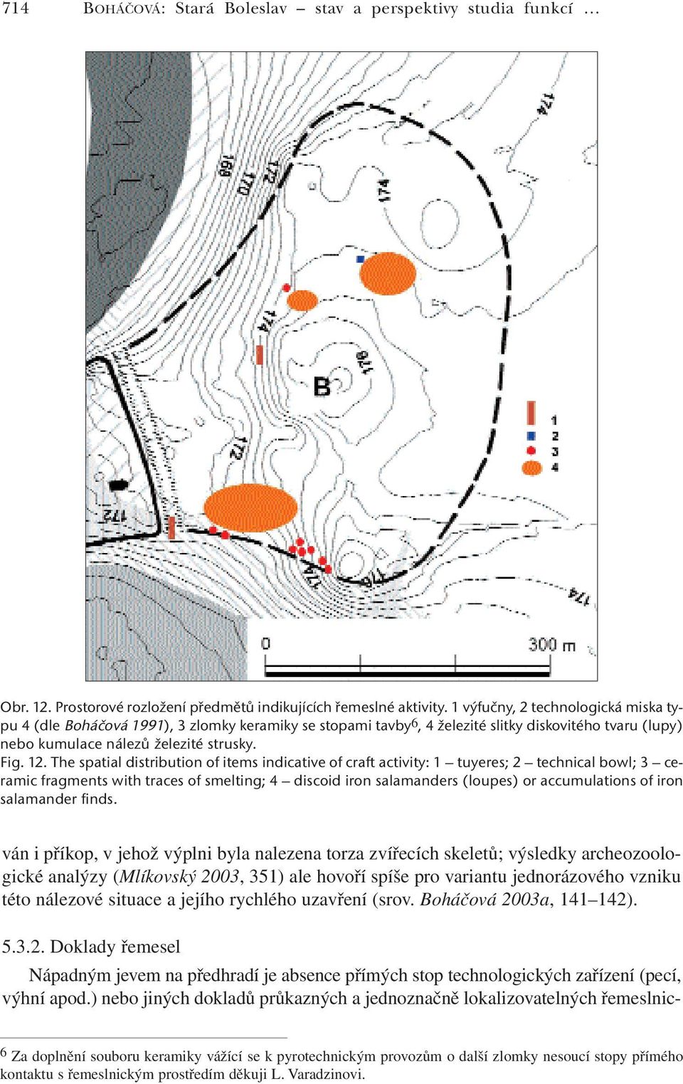 The spatial distribution of items indicative of craft activity: 1 tuyeres; 2 technical bowl; 3 ceramic fragments with traces of smelting; 4 discoid iron salamanders (loupes) or accumulations of iron