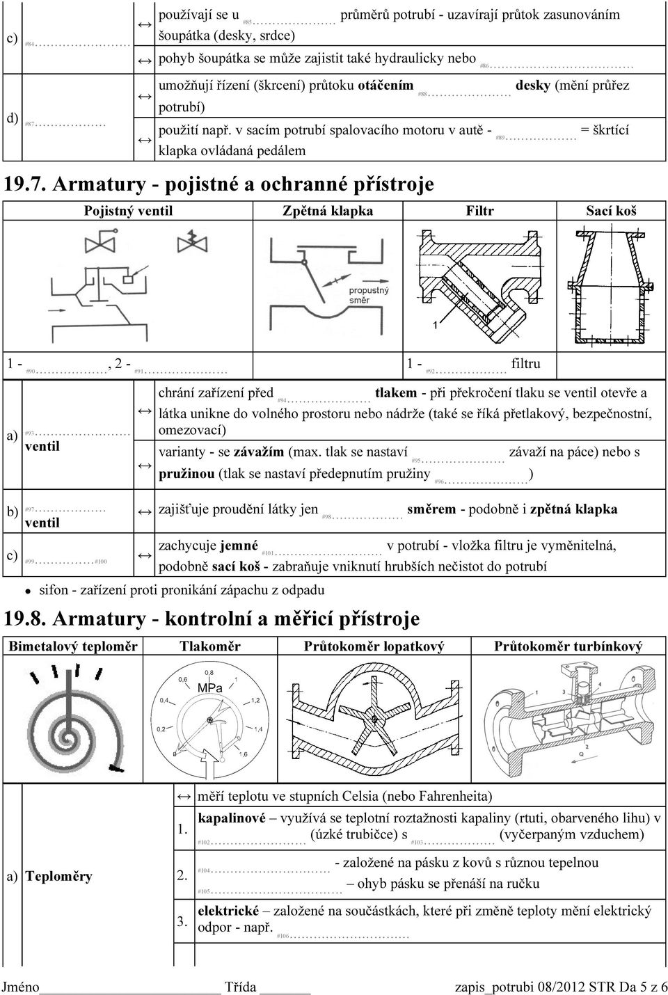 Armatury - pojistné a ochranné přístroje Pojistný ventil Zpětná klapka Filtr Sací koš 1 - #90, 2 - #91 1 - #92 filtru a) #93 ventil chrání zařízení před #94 tlakem - při překročení tlaku se ventil