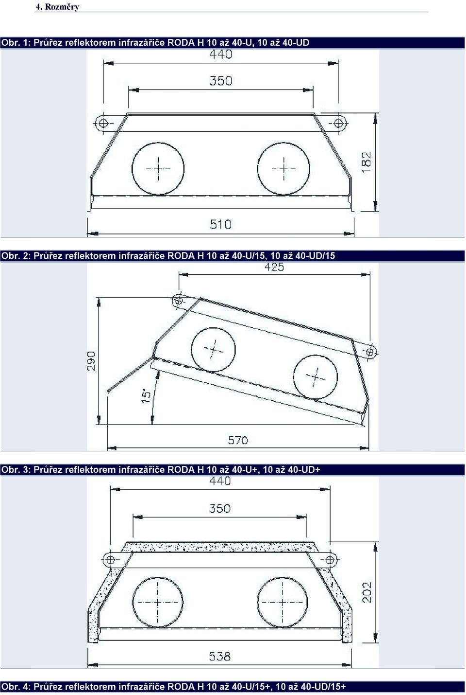 2: Průřez reflektorem infrazářiče RODA H 10 až 40-U/15, 10 až 40-UD/15 Obr.