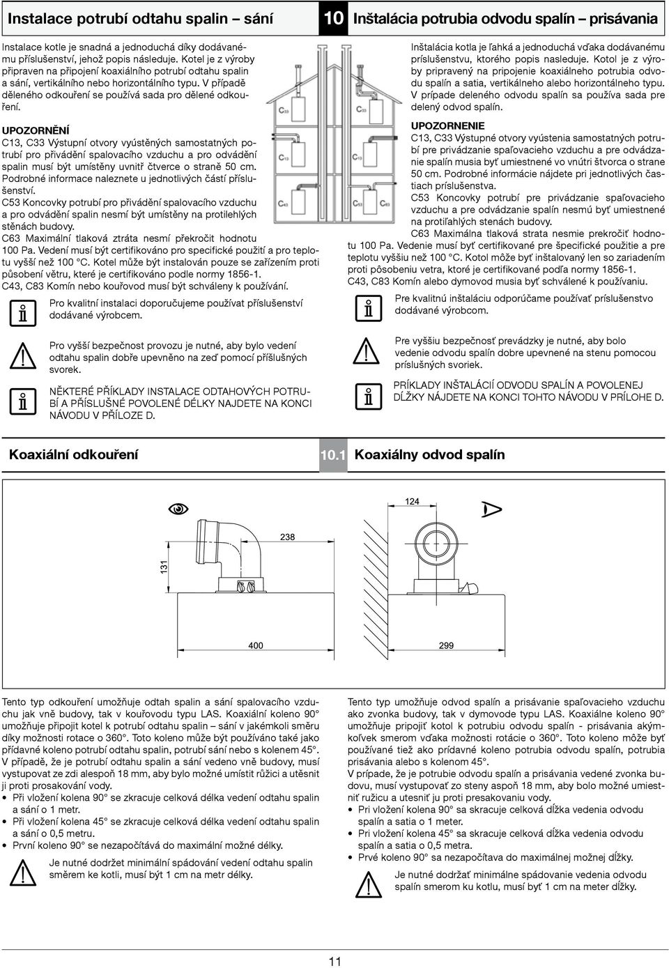 UPOZORNĚNÍ C13, C33 Výstupní otvory vyústěných samostatných potrubí pro přivádění spalovacího vzduchu a pro odvádění spalin musí být umístěny uvnitř čtverce o straně 50 cm.