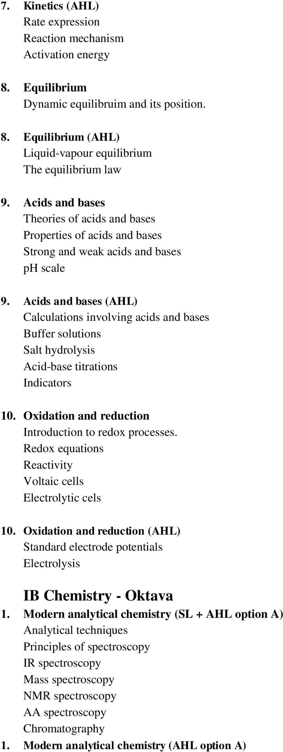 Acids and bases (AHL) Calculations involving acids and bases Buffer solutions Salt hydrolysis Acid-base titrations Indicators 10. Oxidation and reduction Introduction to redox processes.