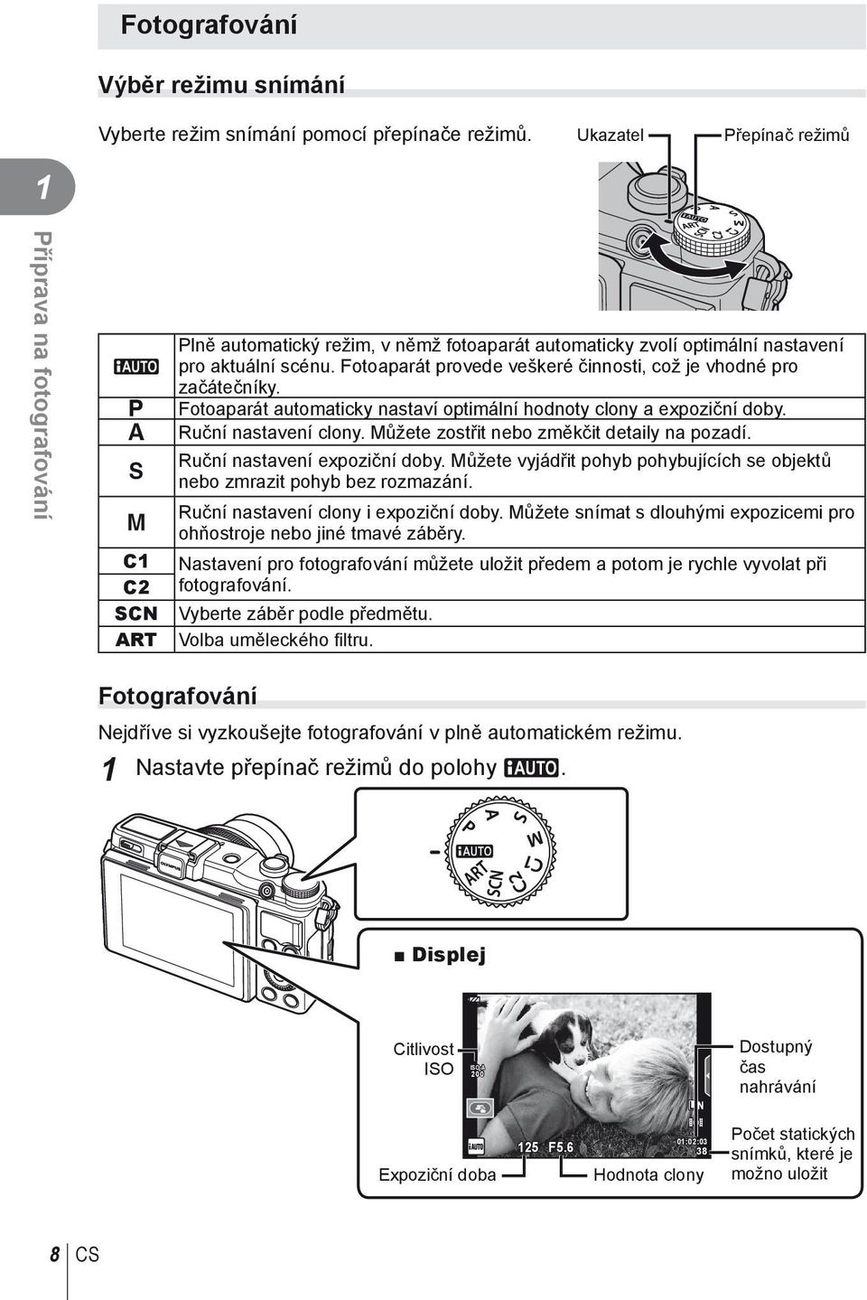 Fotoaparát provede veškeré činnosti, což je vhodné pro začátečníky. Fotoaparát automaticky nastaví optimální hodnoty clony a expoziční doby. Ruční nastavení clony.