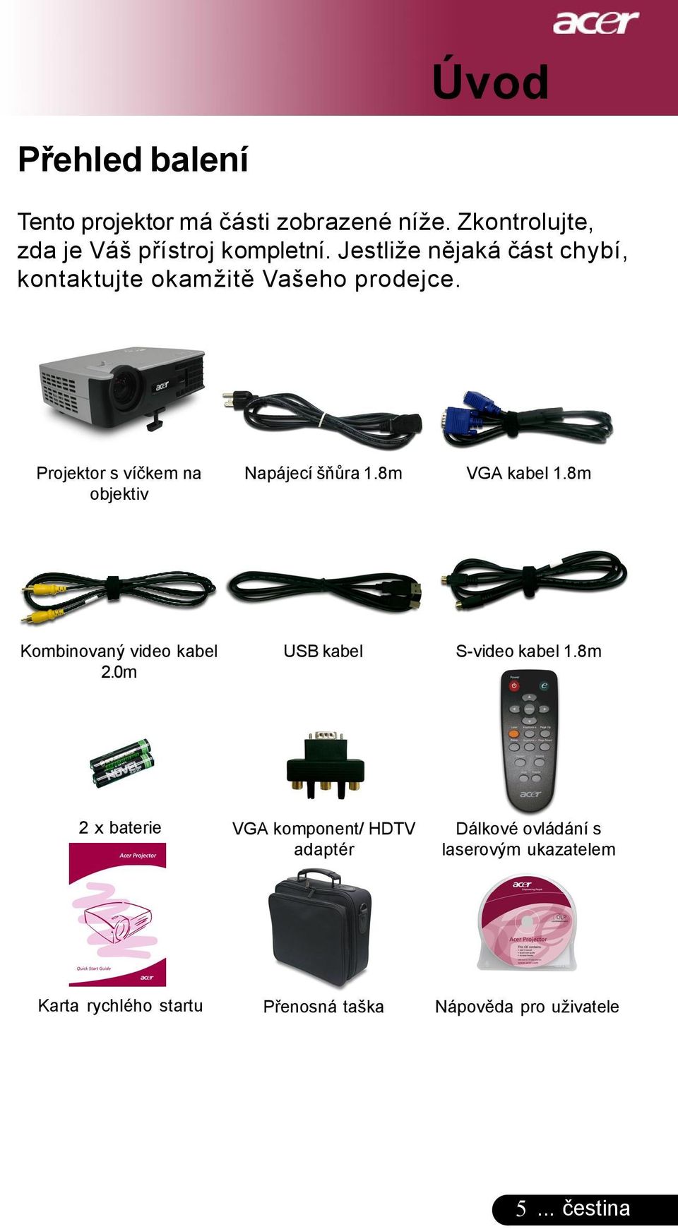 Projektor s víčkem na objektiv Napájecí šňůra 1.8m VGA kabel 1.8m Kombinovaný video kabel 2.