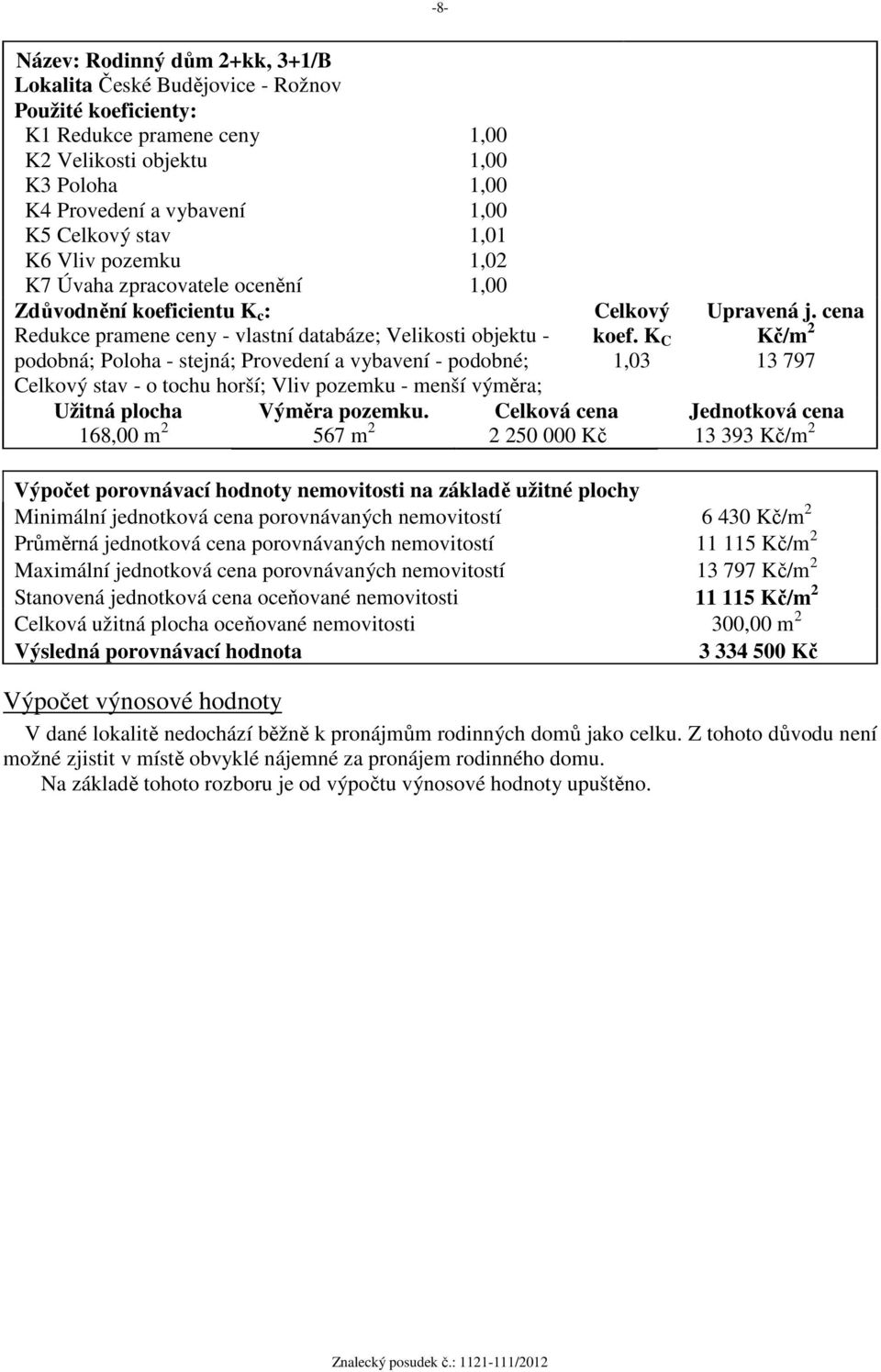 a vybavení - podobné; Celkový stav - o tochu horší; Vliv pozemku - menší výměra; Celkový koef. K C 1,03 Upravená j. cena Kč/m 2 13 797 Užitná plocha Výměra pozemku.