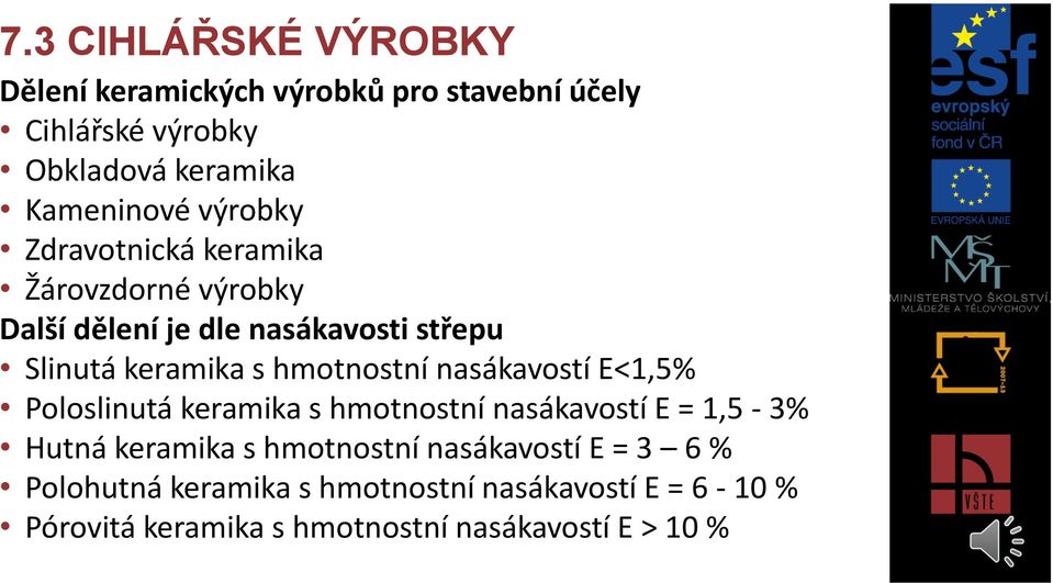 hmotnostní nasákavostí E<1,5% Poloslinutá keramika s hmotnostní nasákavostí E = 1,5-3% Hutná keramika s hmotnostní