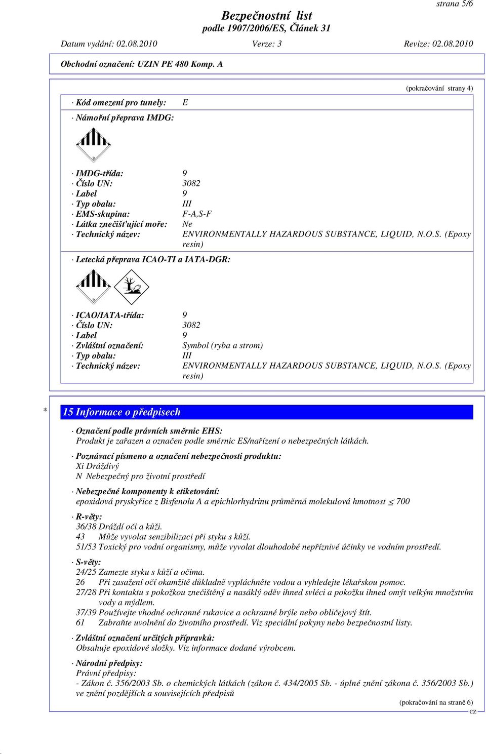 SUBSTANCE, LIQUID, N.O.S. (Epoxy resin) Letecká přeprava ICAO-TI a IATA-DGR: ICAO/IATA-třída: 9 Číslo UN: 3082 Label 9 Zvláštní označení: Symbol (ryba a strom) Typ obalu: III Technický SUBSTANCE, LIQUID, N.