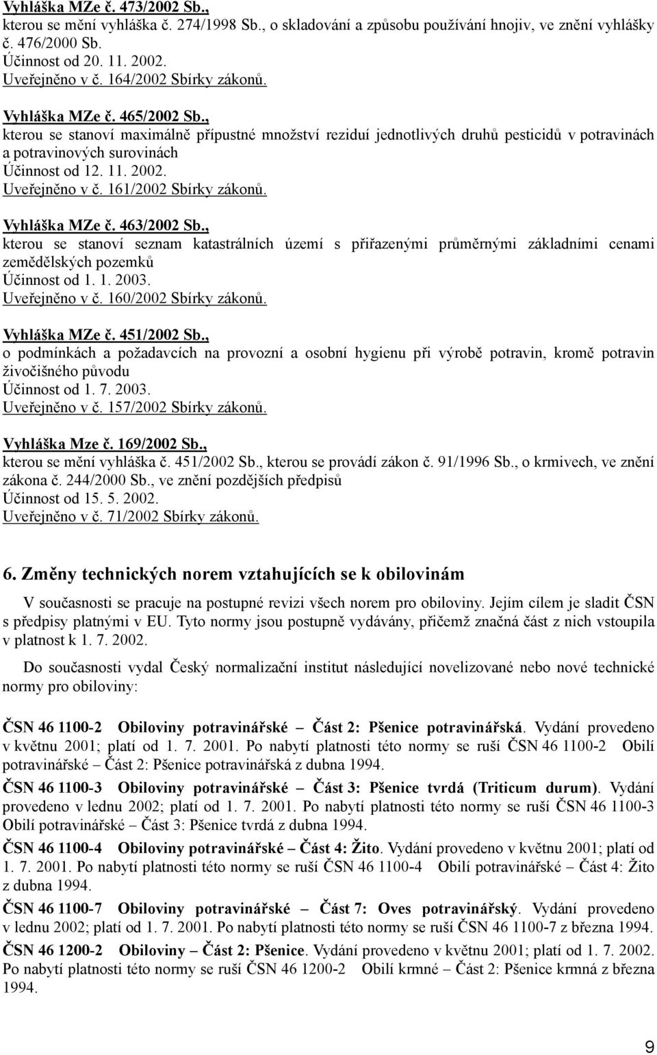 2002. Uveřejněno v č. 161/2002 Sbírky zákonů. Vyhláška MZe č. 463/2002 Sb., kterou se stanoví seznam katastrálních území s přiřazenými průměrnými základními cenami zemědělských pozemků Účinnost od 1.