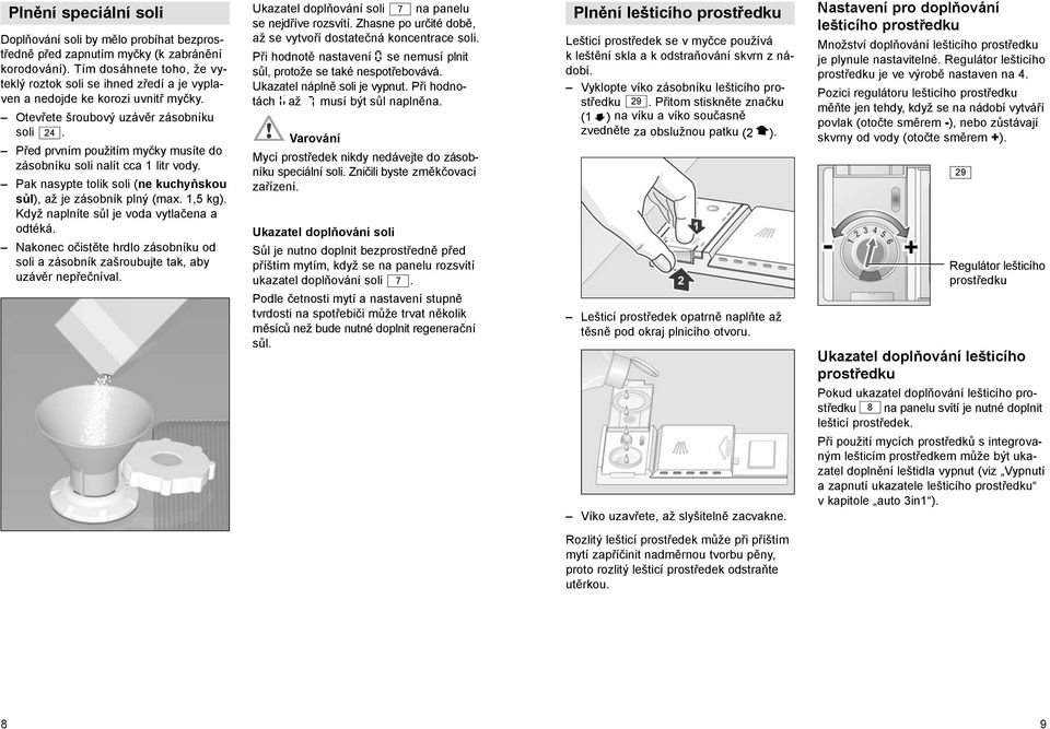 Před prvním použitím myčky musíte do zásobníku soli nalít cca 1 litr vody. Pak nasypte tolik soli (ne kuchyňskou sůl), až je zásobník plný (max. 1,5 kg). Když naplníte sůl je voda vytlačena a odtéká.