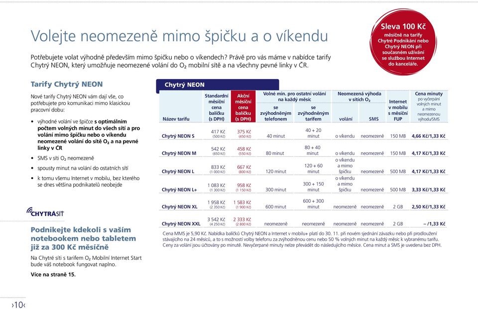 Sleva 100 Kč měsíčně na tarify Chytré Podnikání nebo Chytrý NEON při současném užívání se službou Internet do kanceláře.