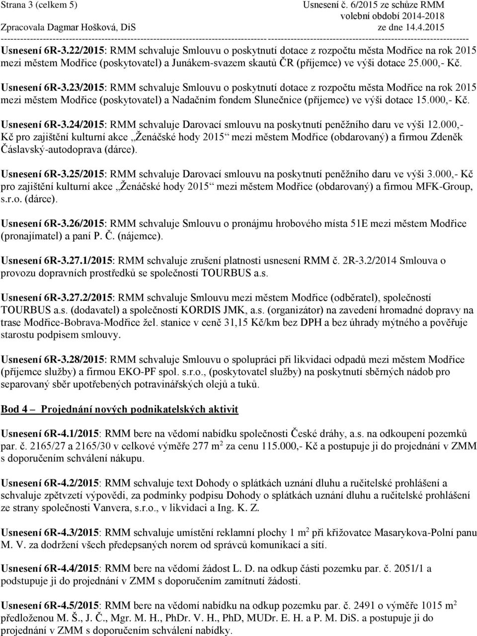 Usnesení 6R-3.23/2015: RMM schvaluje Smlouvu o poskytnutí dotace z rozpočtu města Modřice na rok 2015 mezi městem Modřice (poskytovatel) a Nadačním fondem Slunečnice (příjemce) ve výši dotace 15.