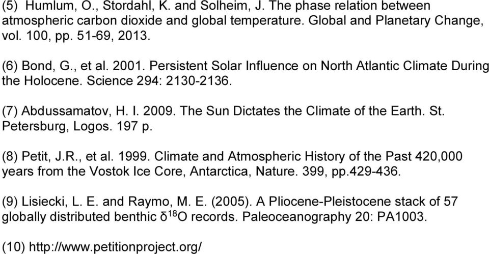 The Sun Dictates the Climate of the Earth. St. Petersburg, Logos. 197 p. (8) Petit, J.R., et al. 1999.